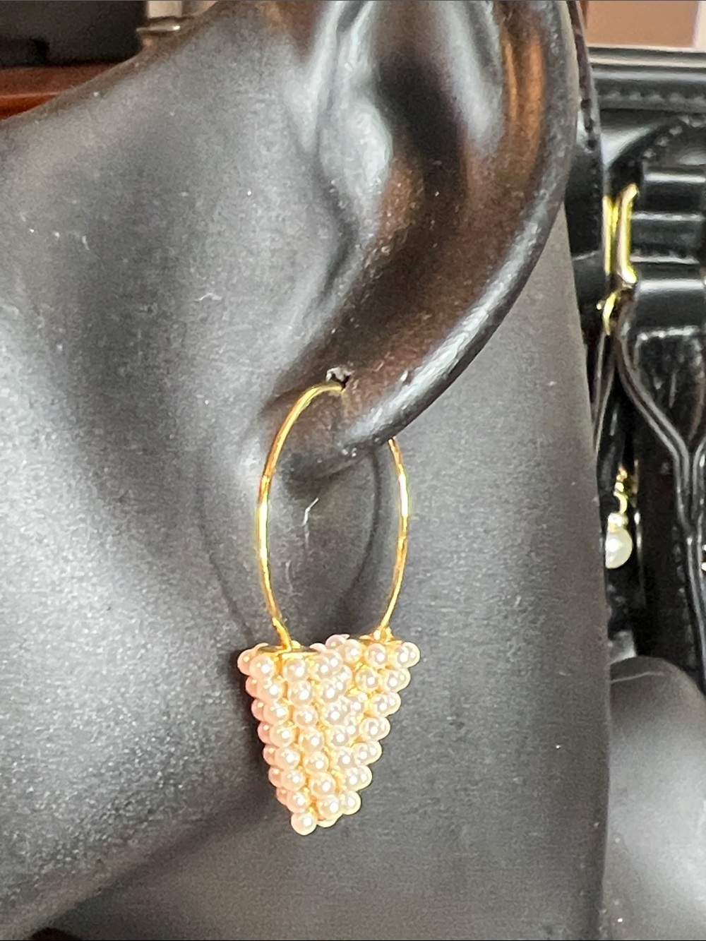 Gold Hoop Earrings with Pink Pearl Cluster Triangle